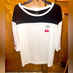 OBEY black and white 3/4(above elbow) shirt with 🍒 and roses on sleeves XS